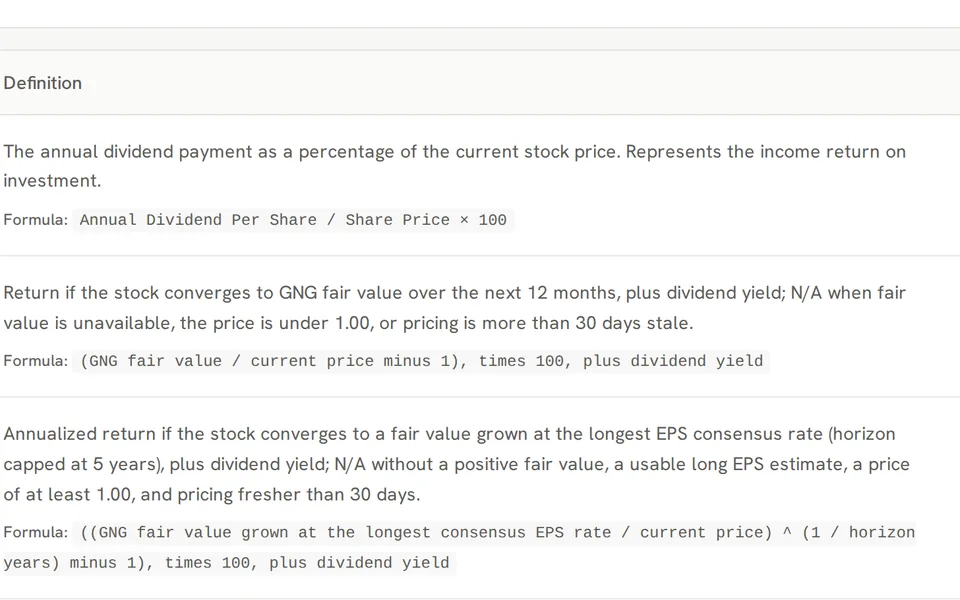 Data Dictionary definitions and formulas for dividend yield, 12-month justified return and long-term justified return