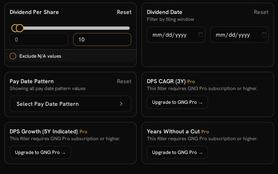 Research Terminal dividend filters for dividend per share, payment dates and pay patterns, with Pro dividend-growth controls