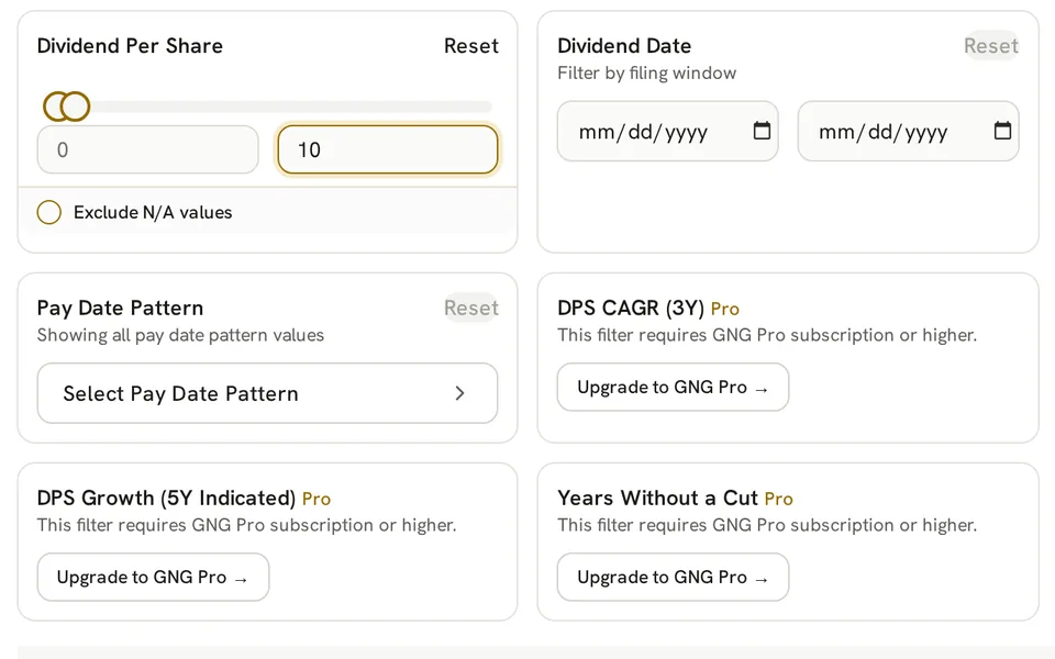 Research Terminal dividend filters for dividend per share, payment dates and pay patterns, with Pro dividend-growth controls