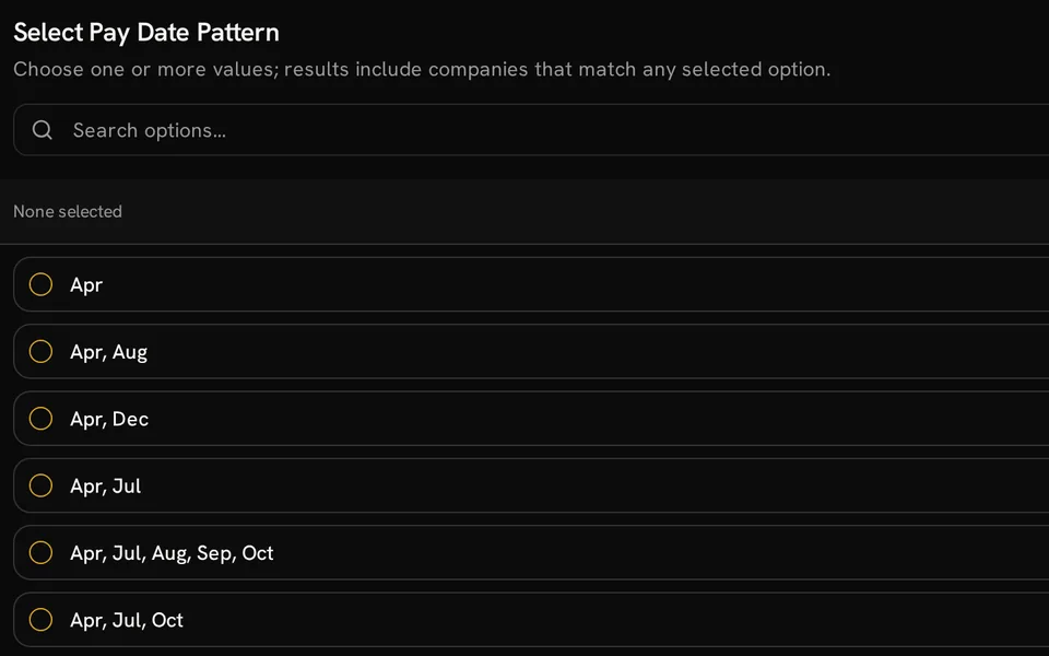 Pay Date Pattern selector listing combinations of dividend months, including Apr, Jul, Oct