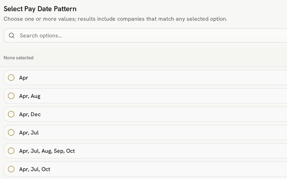 Pay Date Pattern selector listing combinations of dividend months, including Apr, Jul, Oct