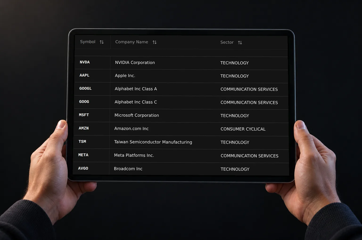 Hands holding a tablet showing Research Terminal rows with stock symbols, company names and sectors