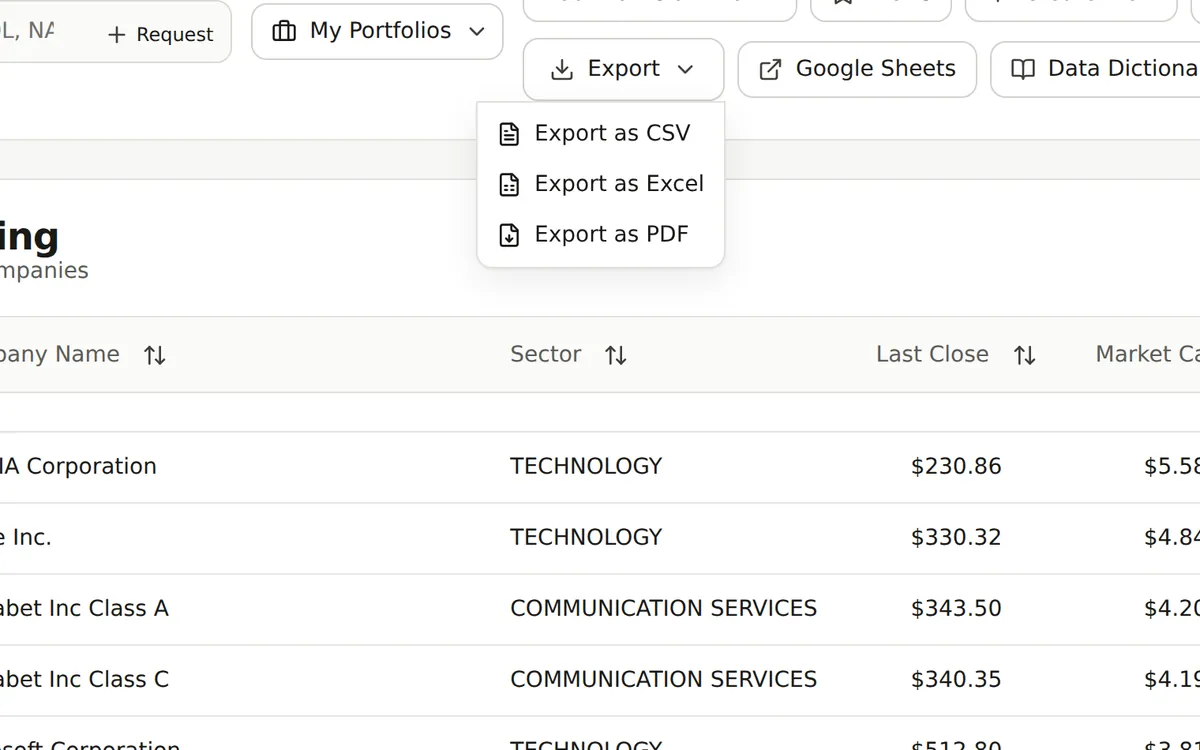 The Export menu open on the Research Terminal toolbar with options to export as CSV, Excel, or PDF above the screener table.