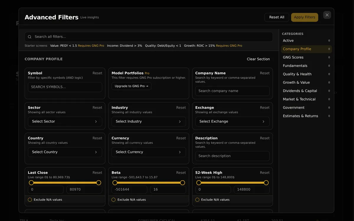 Advanced Filters dialog with Income (dividend above 3%) and Quality (debt to equity below 1) starter screens, Value and Growth marked Requires GNG Pro, filters for sector, industry, exchange and country, and a Dividends and Capital category.