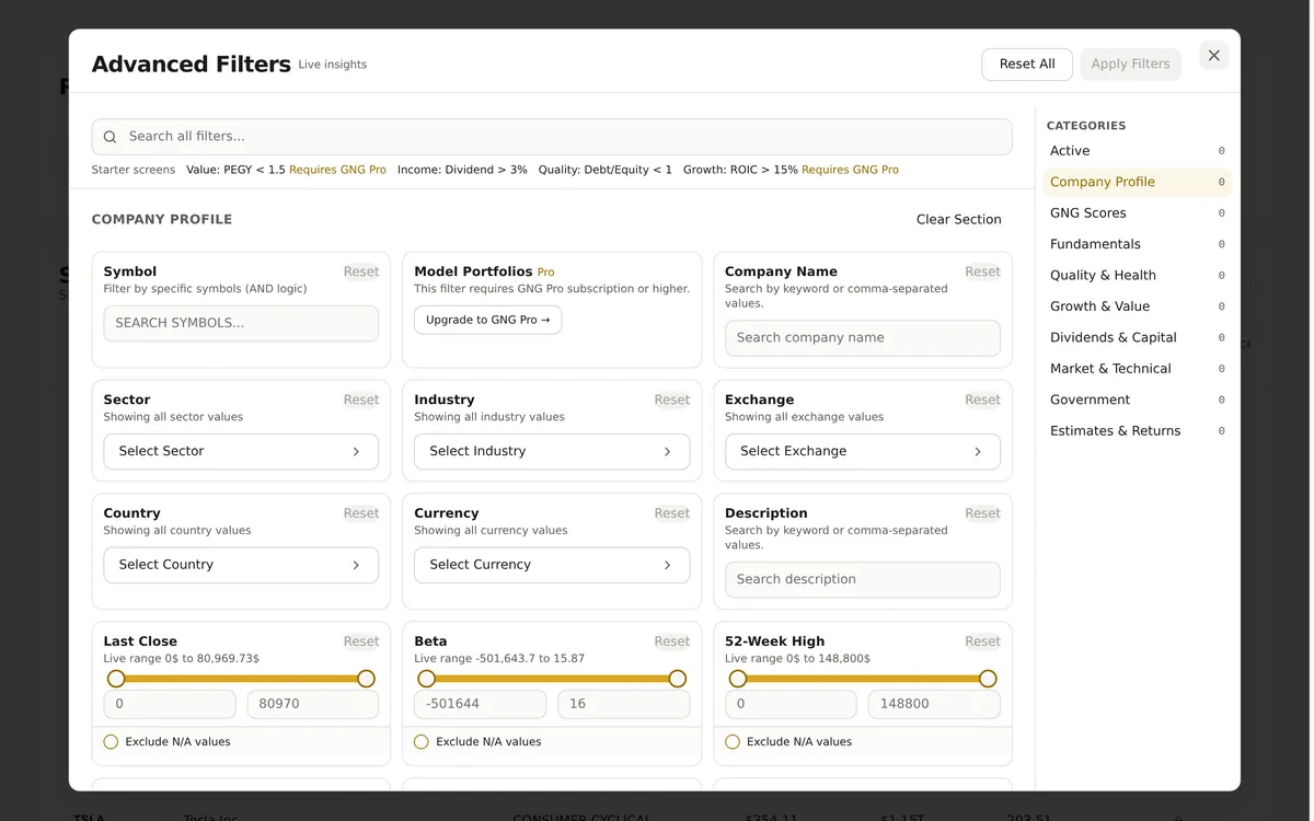 Advanced Filters dialog with Income (dividend above 3%) and Quality (debt to equity below 1) starter screens, Value and Growth marked Requires GNG Pro, filters for sector, industry, exchange and country, and a Dividends and Capital category.