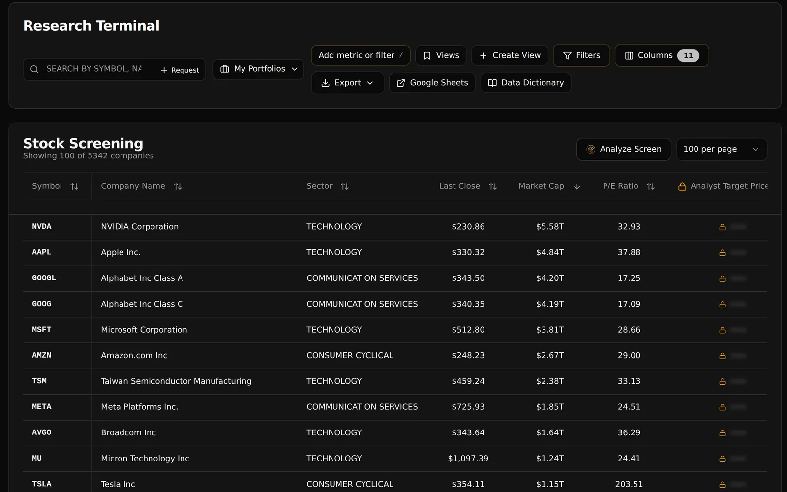 Research Terminal stock screener sorted by market cap, listing large companies such as NVIDIA, Apple, Alphabet and Microsoft with sector, last close, market cap and P/E ratio, below a toolbar with search, filters, columns, views and export.