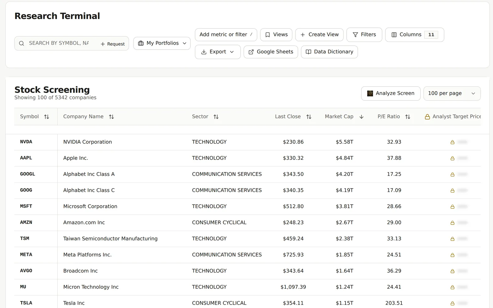 Research Terminal stock screener sorted by market cap, listing large companies such as NVIDIA, Apple, Alphabet and Microsoft with sector, last close, market cap and P/E ratio, below a toolbar with search, filters, columns, views and export.